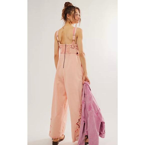 Free People Leighton Wide Leg Jumpsuit Pink Cotton Lace Overalls Denim Small - Picture 4 of 14